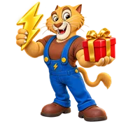 Mascote Fera com raio dourado e presente